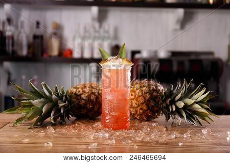 A Heady Pina Colada Coctail Is Made Of Ripe Pineapples And Decorated With Cubed Ice.