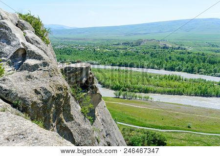 View on Aragvi and Kura (Mtkvari) rivers from the ancient rock city of Uplistsikhe (Upliscyche), Georgia