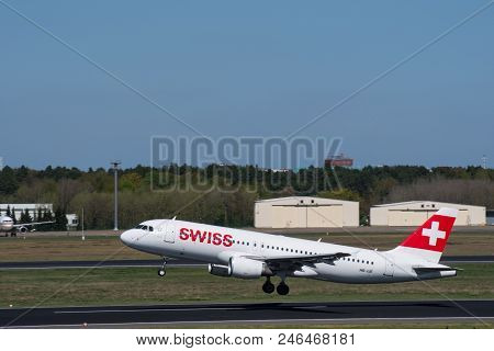 Berlin Germany - April 21. 2018: Swiss Airbus A320 Take Off From Berlin Tegel Airport