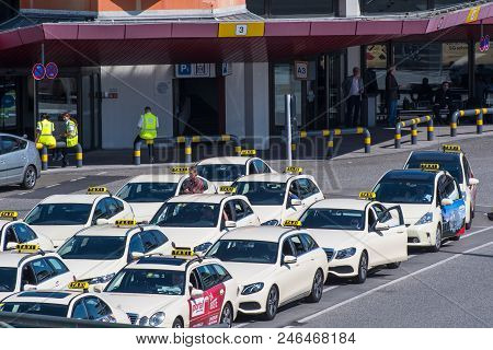 Berlin Germany - April 21. 2018: The Rear End Of The Taxi Line At Berlin Tegel Airport