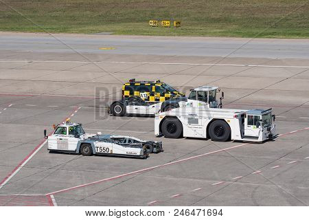 Berlin Germany - April 21. 2018: Pushback Tractors At Berlin Tegel Airport