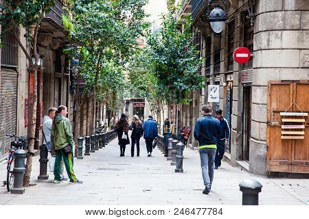 Barcelona - March, 2018: People Walking At The Gothic Square Streets In Barcelona, Spain