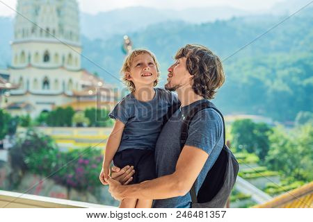 Father And Son Tourists In Buddhist Temple Kek Lok Si In Penang, Malaysia, Georgetown. Traveling Wit