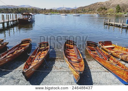South Lakeland, Uk - April 2018: Rowing Boat At Waterhead Pier In Ambleside, A Lakeside Town Situate