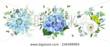 Blue And White Flowers Vector Design Bouquets.hydrangea, Rose, Papaver, Ranunculus, Eucalyptus, Succ