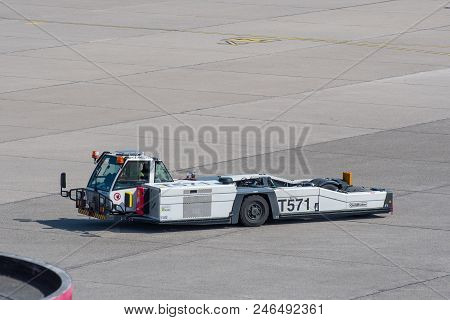 Berlin Germany - April 21. 2018: Pushback Tractor At Berlin Tegel Airport