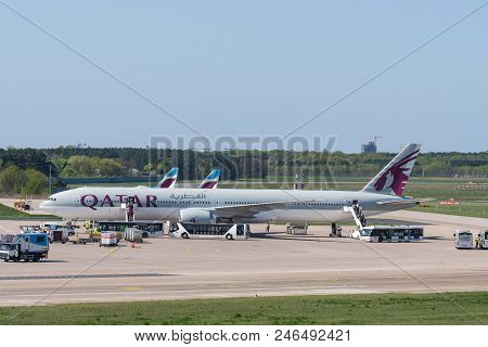 Berlin Germany - April 21. 2018: Qatar Airways Boeing 777-300er At Berlin Tegel Airport