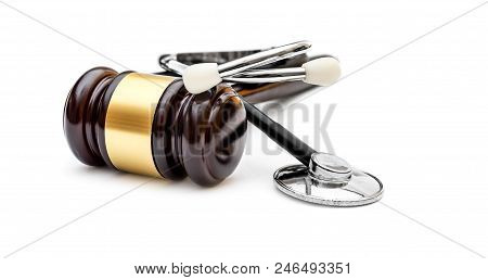 Gavel With Stethoscope On A White Background.