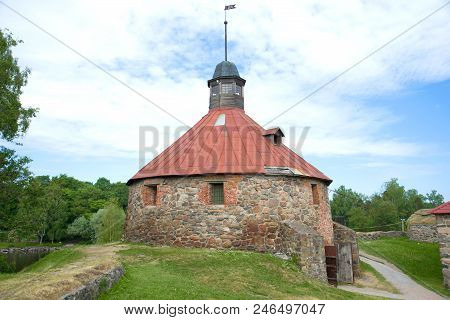 Round Tower Of Lars Torstennson In The Ancient Korela Fortress In The Cloudy June Afternoon. Priozer