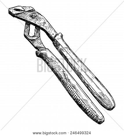 Vector Artistic Pen And Ink Drawing Illustration Of Adjustable Pliers Isolated On White Background.