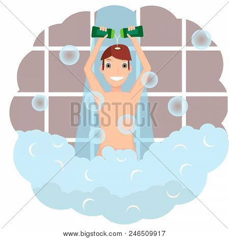 A Man Uses Shampoo In The Shower.