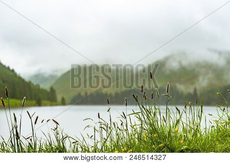View Of A Beautlful Lake Talla In Scottish Borders With Green Hills Covered By Thick Rainy Clouds.