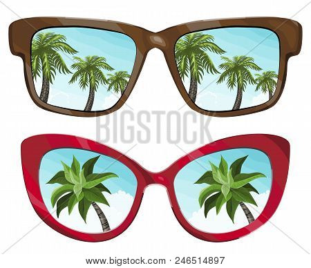 Sunglasses Reflecting Tropical Palm And Slue Summer Sky, Vector Illustration