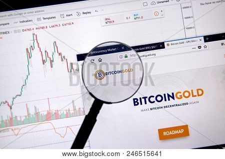 Montreal, Canada - June 20, 2018: Bitcoin Gold Crypto Currency Home Page. Cryptocurrency Is A Digita