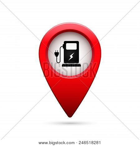 Electric Car Charge Station Map Pointer, Vector Red Pin Symbol.