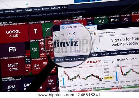 Montreal, Canada - June 10, 2018: Finviz - Popular Online Stock Screener Home Page Under Magnifying 