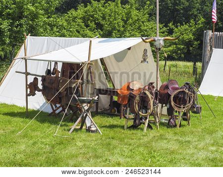 Typical Indian Trent With Saadles For Horses