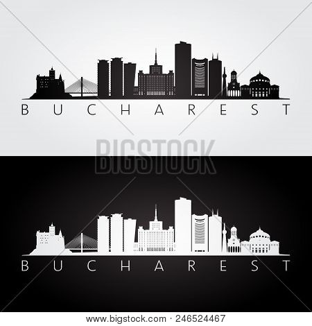 Bucharest Skyline And Landmarks Silhouette, Black And White Design, Vector Illustration.