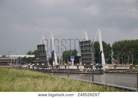 Both Drawbridges Over The Gouwe Are Openend To Enter The Twin Sluice Julianasluis In Gouda