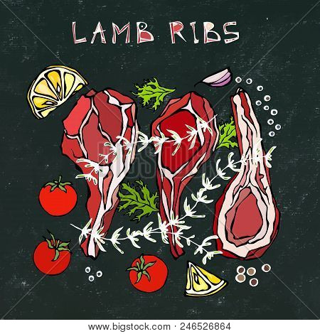 Lamb Ribs Chops With Herbs, Lemon, Tomato, Parsley, Thyme, Pepper. Black Board Background And Chalk.