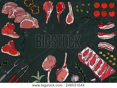 Meat Cuts Assortment - Beef, Pork, Lamb, Steak, Boneless Rump, Ribs Roast, Loin And Rib Chops. Tomat