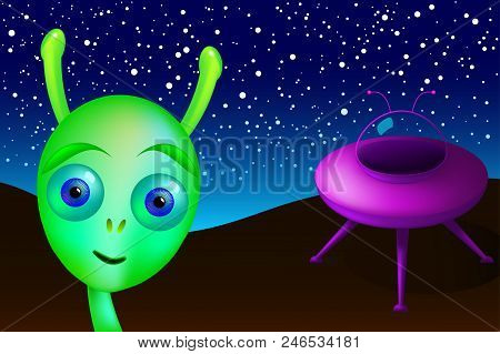 Little Green Alien With Purple Saucer Visits Earth. Green Man From Mars Landed In The Desert, Undisc