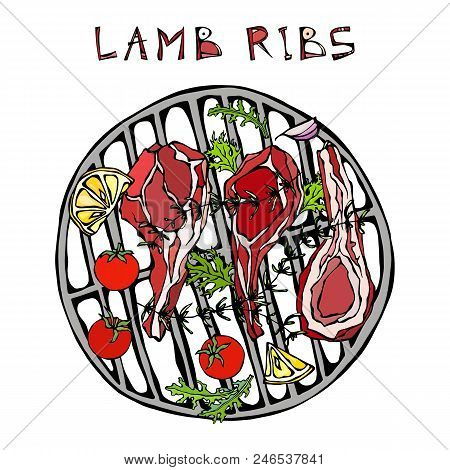 Lamb Ribs Chops With Herbs, Lemon, Tomato, Parsley, Thyme, Pepper. On A Round Grill Bbq. Meat Guide 