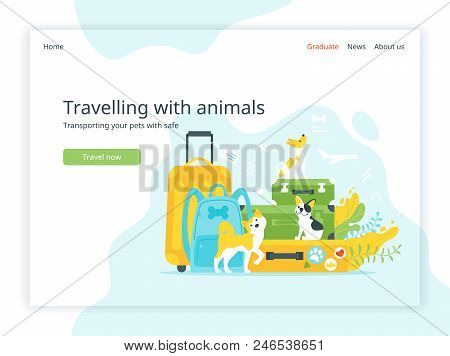 Vector Flat Style Illustration Of Travel Suitcases And Backpack With Dogs. Travelling With Animals L