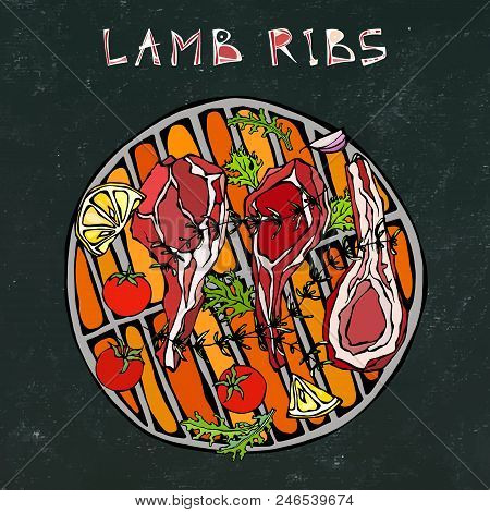 Lamb Ribs Chops With Herbs, Lemon, Tomato, Parsley, Thyme, Pepper. On A Round Grill Bbq. Meat Steak 