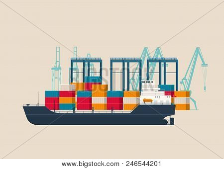 Empty Cargo Ship Under Crane Bridge In The Container Terminal. Logistics And Transportation Concept.