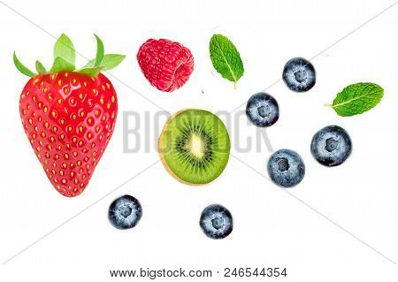Fresh Berries Isolated On White Background, Top View. Strawberry, Raspberry, Kiwi Fruits, Blueberrie