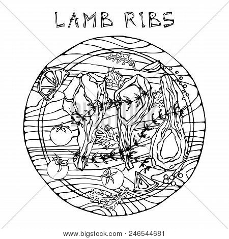 Lamb Ribs Chops With Herbs, Lemon, Tomato, Parsley, Thyme, Pepper. On A Round Wooden Cutting Board. 