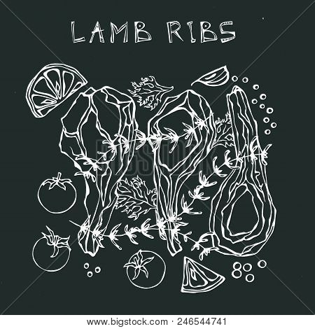 Lamb Ribs Chops With Herbs, Lemon, Tomato, Parsley, Thyme, Pepper. Black Board Background And Chalk.