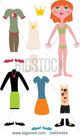 Muñeca de papel con chica de pelo ropa - rojo.