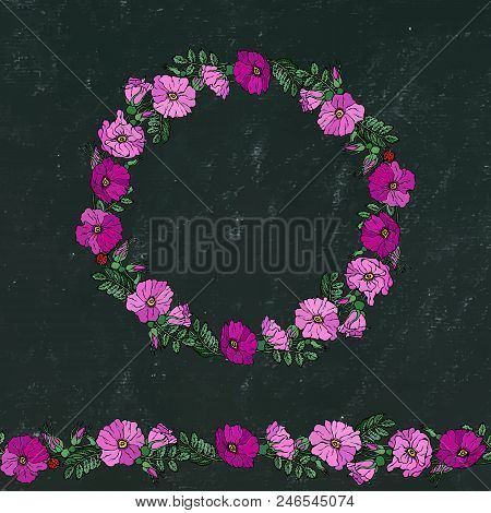 Round Frame And Endless Brush With Wild Roses. Summer Flowers Greeting Card Or Wedding Background. H