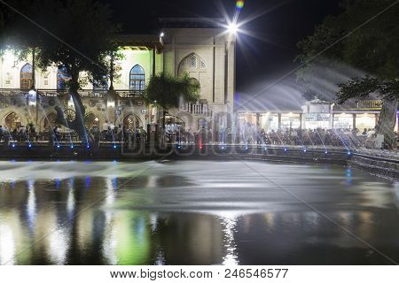 Night View Of Lyabi-hauz In Summer, Bukhara, Uzbekistan. Night Photo Shoot. Long Exposure.