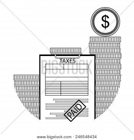Tax Paid Line Art. Taxation Cash Declaration, Statement Earning Tax. Vector Illustration