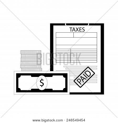 Taxes Paid Line Art Concept. Vector Declaration Tax, Revenue Treasure, Banking Statement Illustratio
