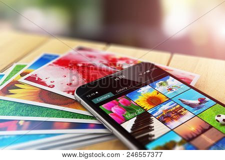 Creative Abstract 3d Render Illustration Of The Macro View Of Stack Of Color Photo Pictures And Smar