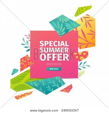 Abstract Banner Design For Summer Sale. Geometrical Triangular Hexagons With Pattern Of Leaves, Twig