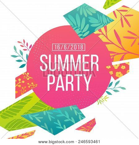 Abstract Banner Design For Summer Psrty. Geometrical Triangular Hexagons With Pattern Of Leaves, Twi