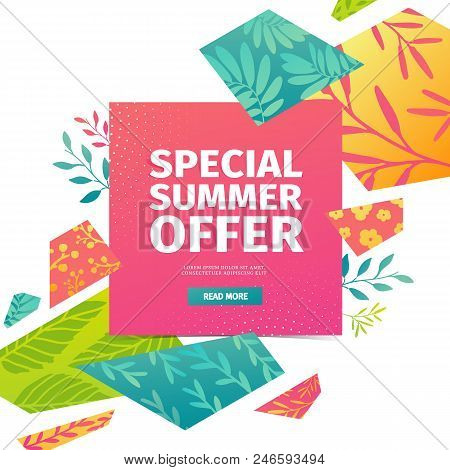 Abstract Banner Design For Summer Sale. Geometrical Triangular Hexagons With Pattern Of Leaves, Twig