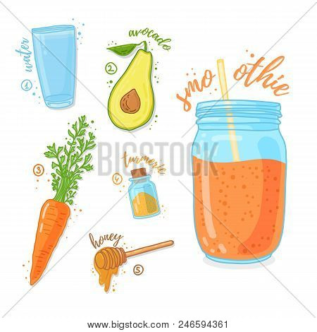Orange Cocktail For Healthy Life. Smoothies With Avocado, Carrot, Honey And Tirmeric Spice . Recipe 