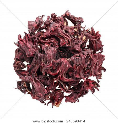 Heap Of Dried Roselle Flower Isolated On White. Red Fruit Tea Carcade. Hibiscus Sabdariffa. Top View