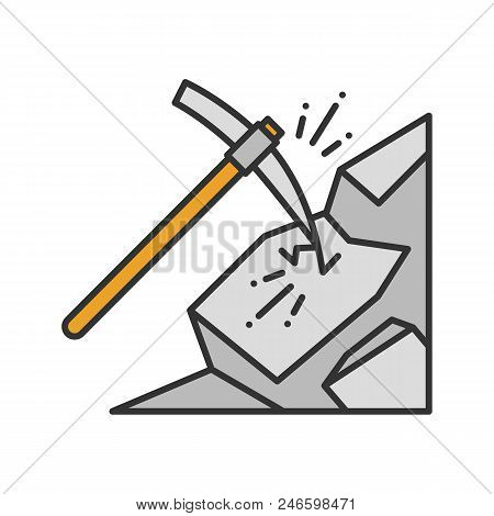 Pickaxe Breaking Mountain Color Icon. Mining. Navvy Pick. Isolated Vector Illustration