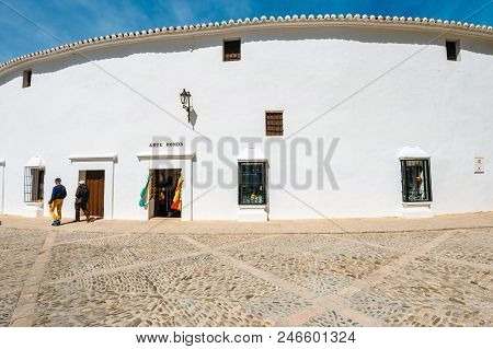 Ronda, Spain, April 05, 2018: White Wall Of Plaza De Toros In Ronda, Bullring In Ronda Is One Of The