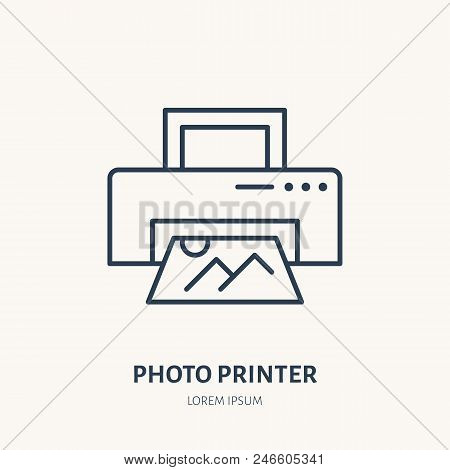 Printer With Snapshop Flat Line Icon. Photography Equipment Sign. Thin Linear Logo For Photo Studio.