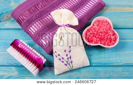Spa Accessories For Hygenic And Bath In A Composition On A Blue Background.