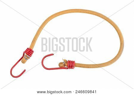 Yellow Elastic Strap With A Red Hooks Isolated On White Background. Bungee Cord, Braided Nylon Stret