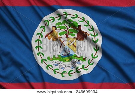 Belize Flag  Is Depicted On A Sports Cloth Fabric With Many Folds. Sport Team Waving Banner